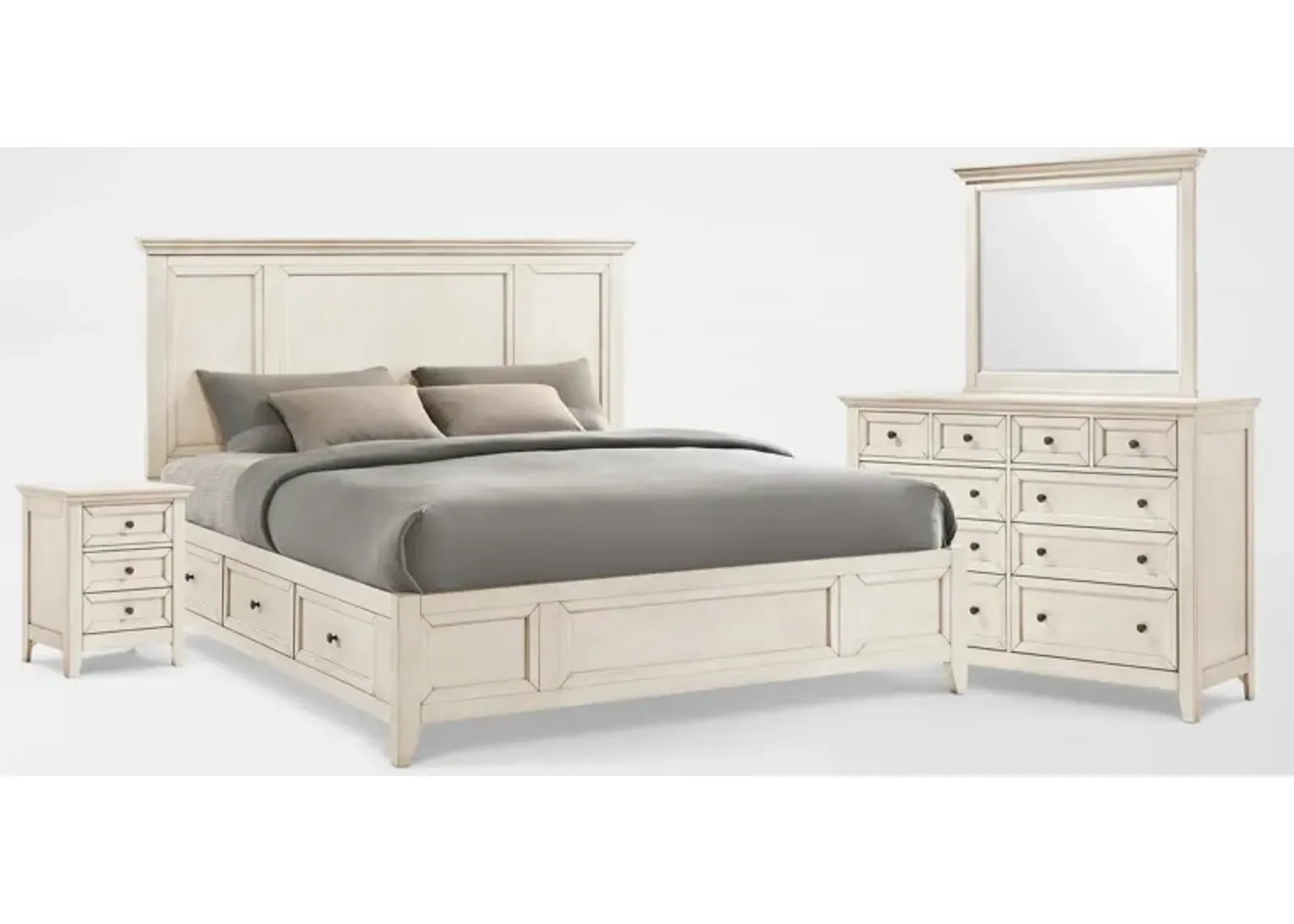 Lincoln 6-Piece King Storage Bedroom Set with Nightstand, Dresser and Mirror - White