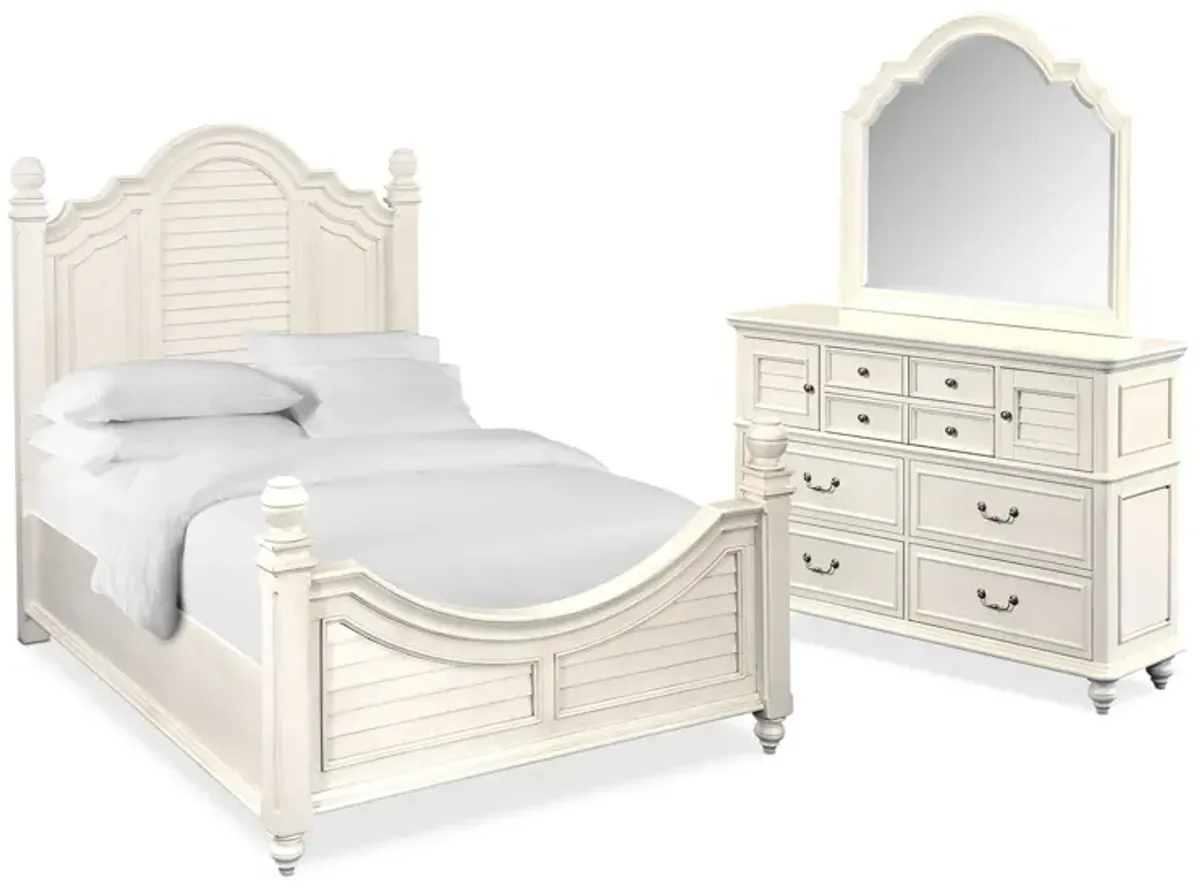 Charleston 5-Piece King Poster Bedroom Set with Dresser and Mirror - White