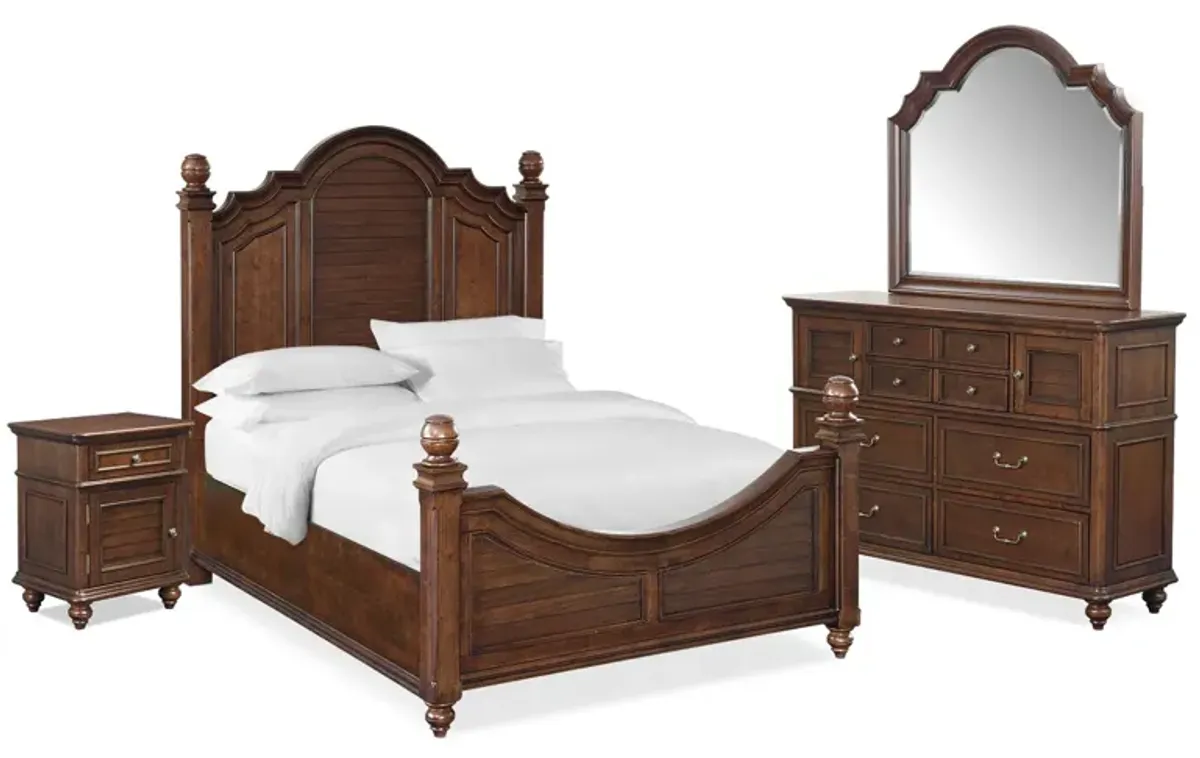 Charleston 6-Piece King Poster Bedroom Set with Nightstand, Dresser and Mirror - Tobacco