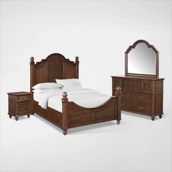 Charleston 6-Piece King Poster Bedroom Set with Nightstand, Dresser and Mirror - Tobacco