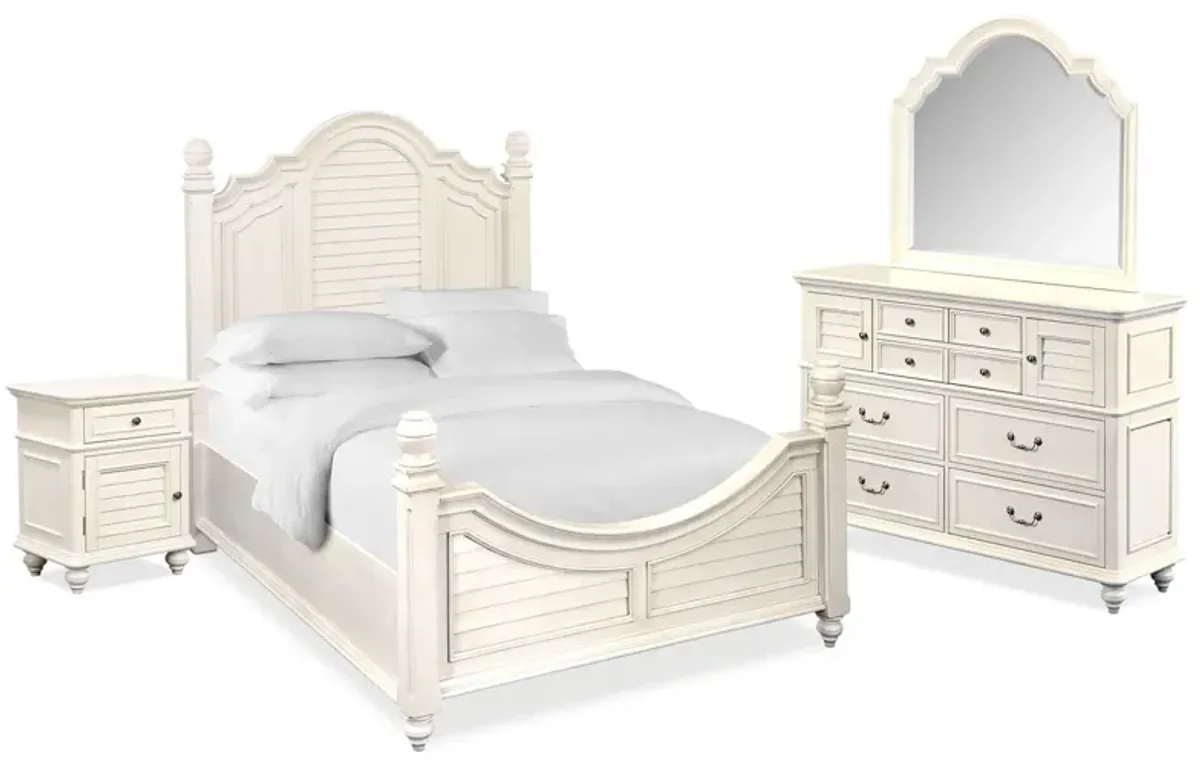 Charleston 6-Piece Queen Poster Bedroom Set with Nightstand, Dresser and Mirror - White