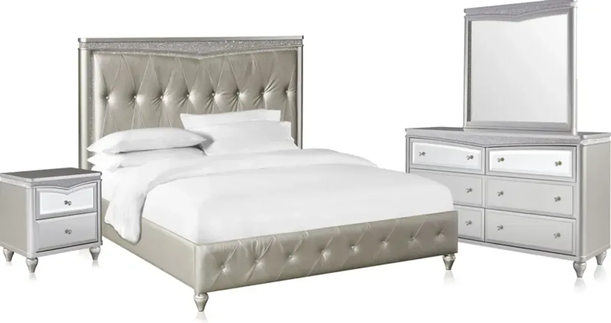 Posh 6-Piece Upholstered Queen Bedroom Set with Nightstand, Dresser and Mirror