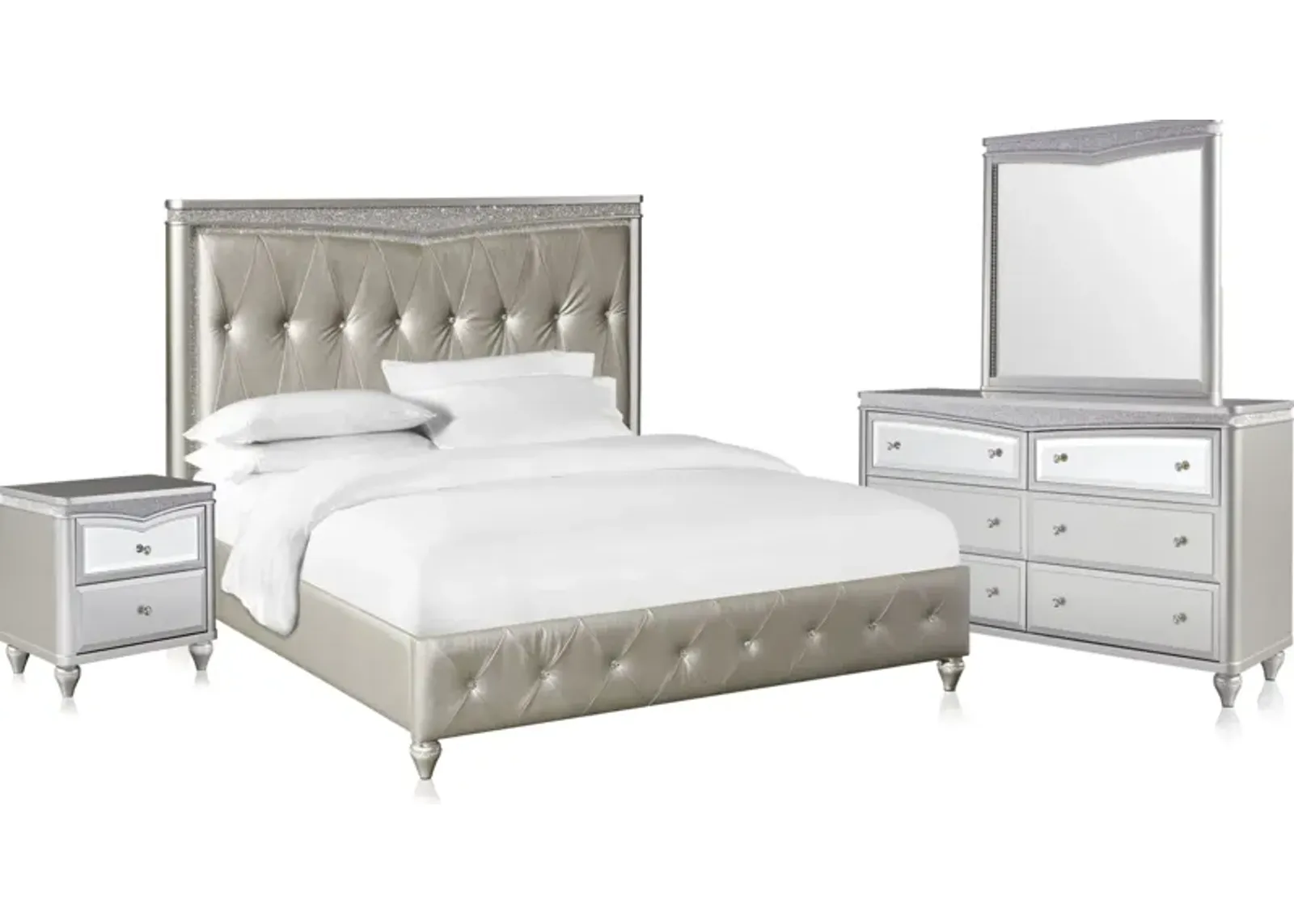 Posh 6-Piece Upholstered King Bedroom Set with Nightstand, Dresser and Mirror