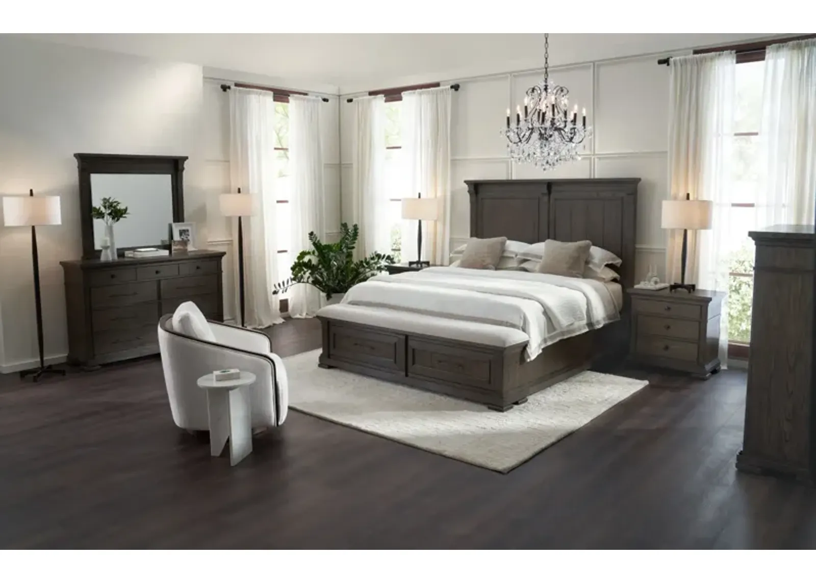 Asheville 6-Piece King Storage Bedroom Set with Dresser, Mirror, and Nightstand with USB Charging -