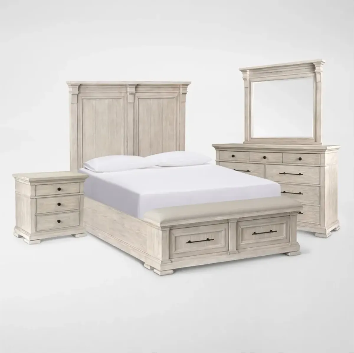 Asheville 6-Piece Queen Storage Bedroom Set with Dresser, Mirror, and Nightstand with USB Charging -