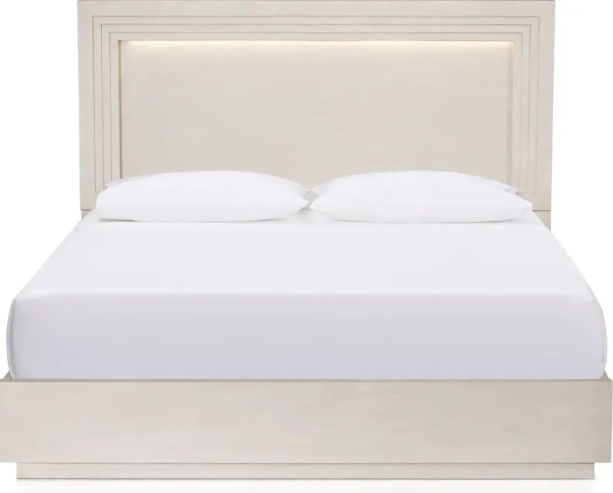 Arielle 6-Piece King Bedroom Set with Panel Bed, Charging Nightstand, Dresser and Mirror - Parchment