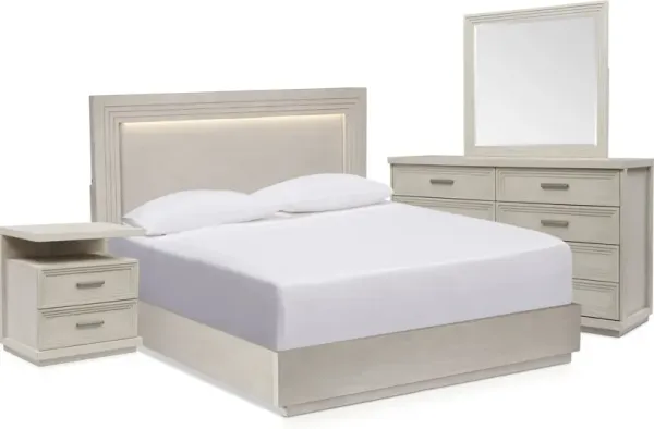 Arielle 6-Piece King Bedroom Set with Panel Bed, Charging Nightstand, Dresser and Mirror - Parchment