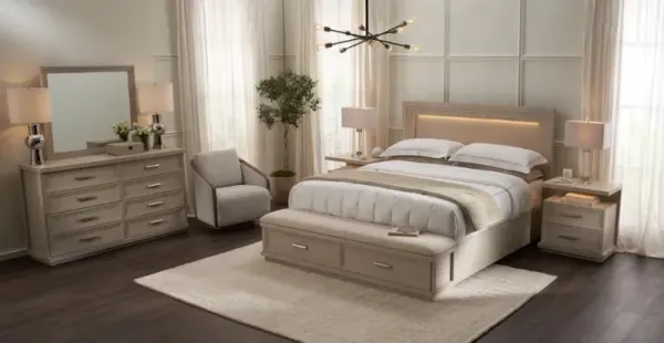 Arielle 6-Piece King Bedroom Set with Storage Bed, Charging Nightstand, Dresser and Mirror - Parchme