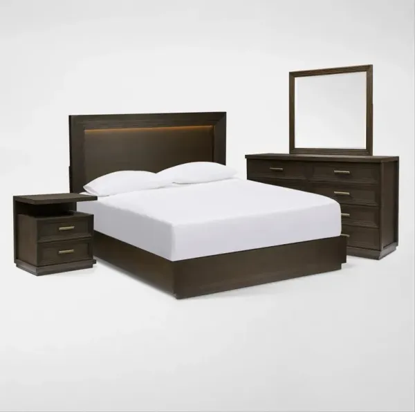 Arielle 6-Piece Queen Bedroom Set with Panel Bed, Charging Nightstand, Dresser and Mirror - Tobacco
