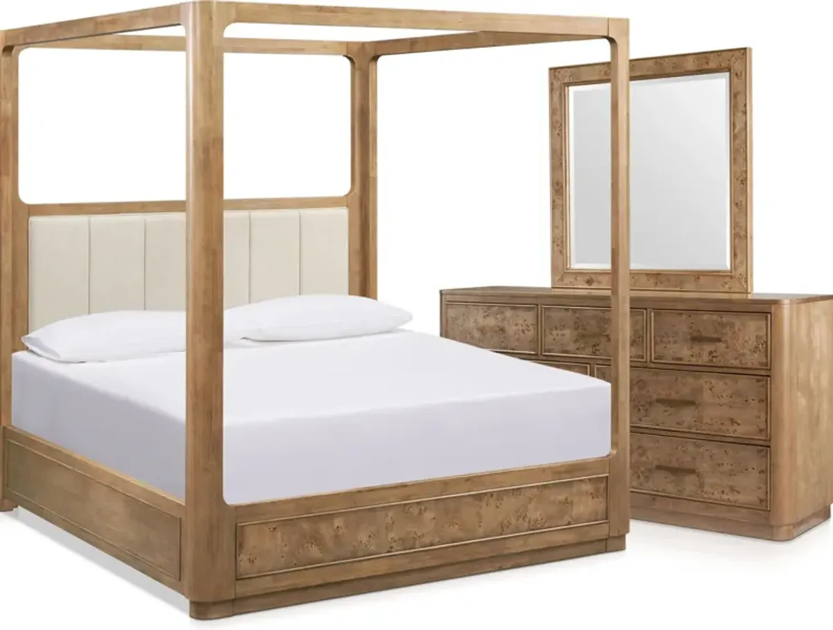 Milan 5-Piece Queen Canopy Bedroom Set with Dresser and Mirror - Blonde