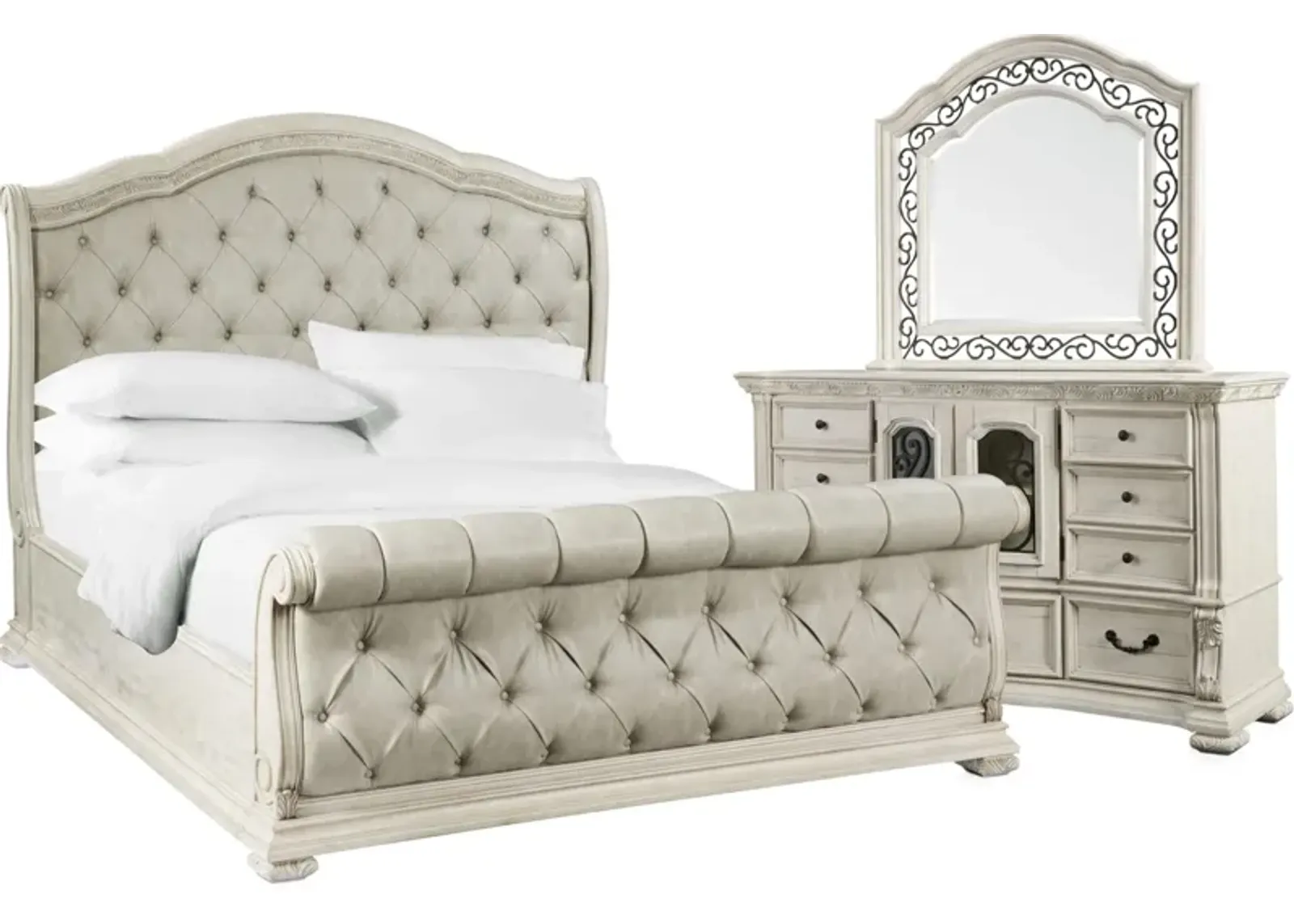 Tuscany 5-Piece Queen Sleigh Bedroom Set with Dresser and Mirror - Alabaster