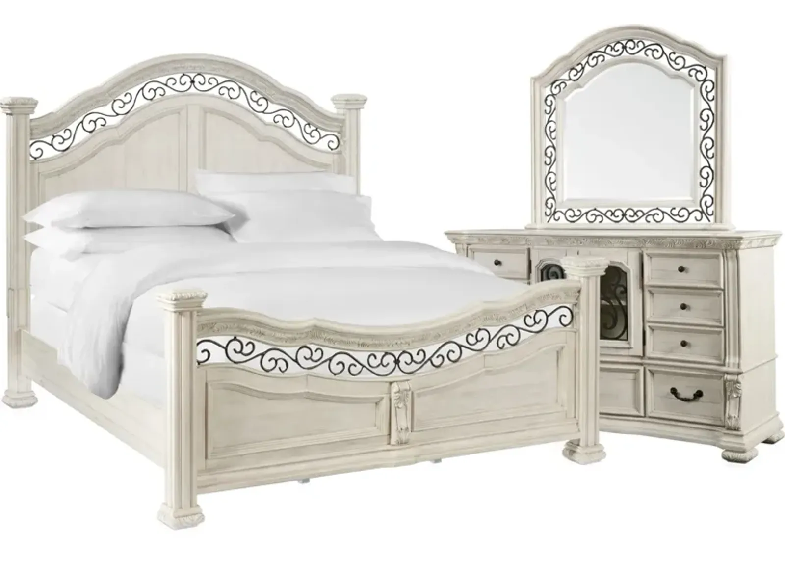 Tuscany 5-Piece King Panel Bedroom Set with Dresser and Mirror - Alabaster