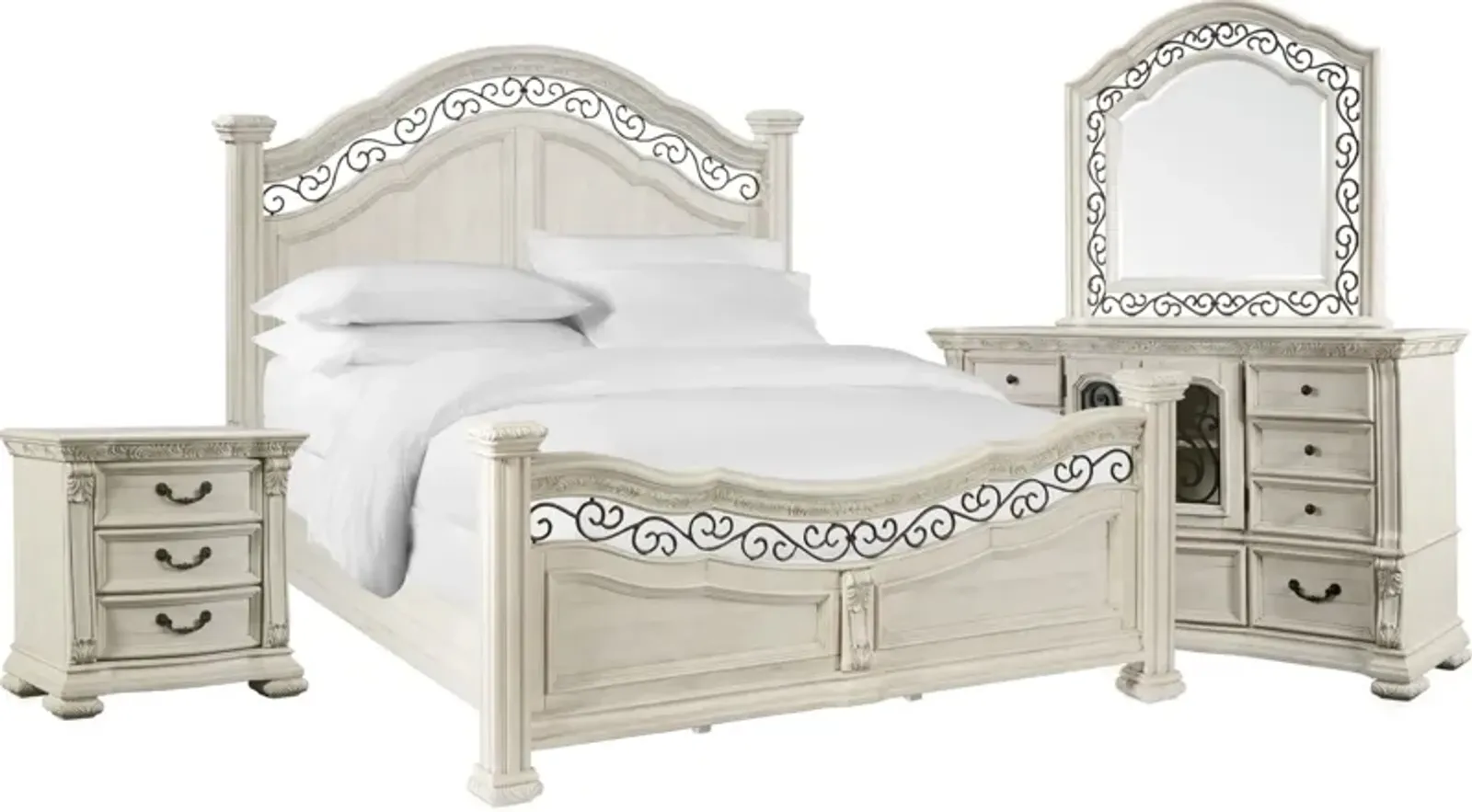 Tuscany 6-Piece King Panel Bedroom Set with Nightstand, Dresser and Mirror - Alabaster