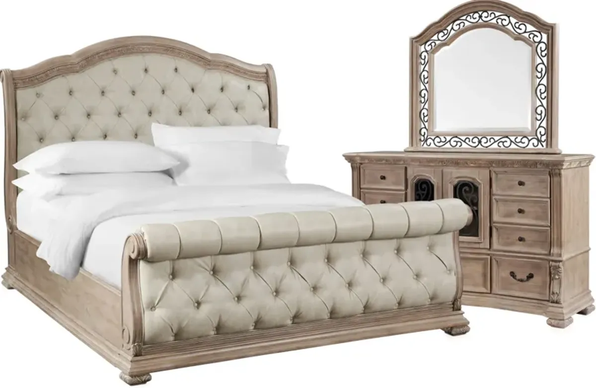 Tuscany 5-Piece Queen Sleigh Bedroom Set with Dresser and Mirror - Taupe