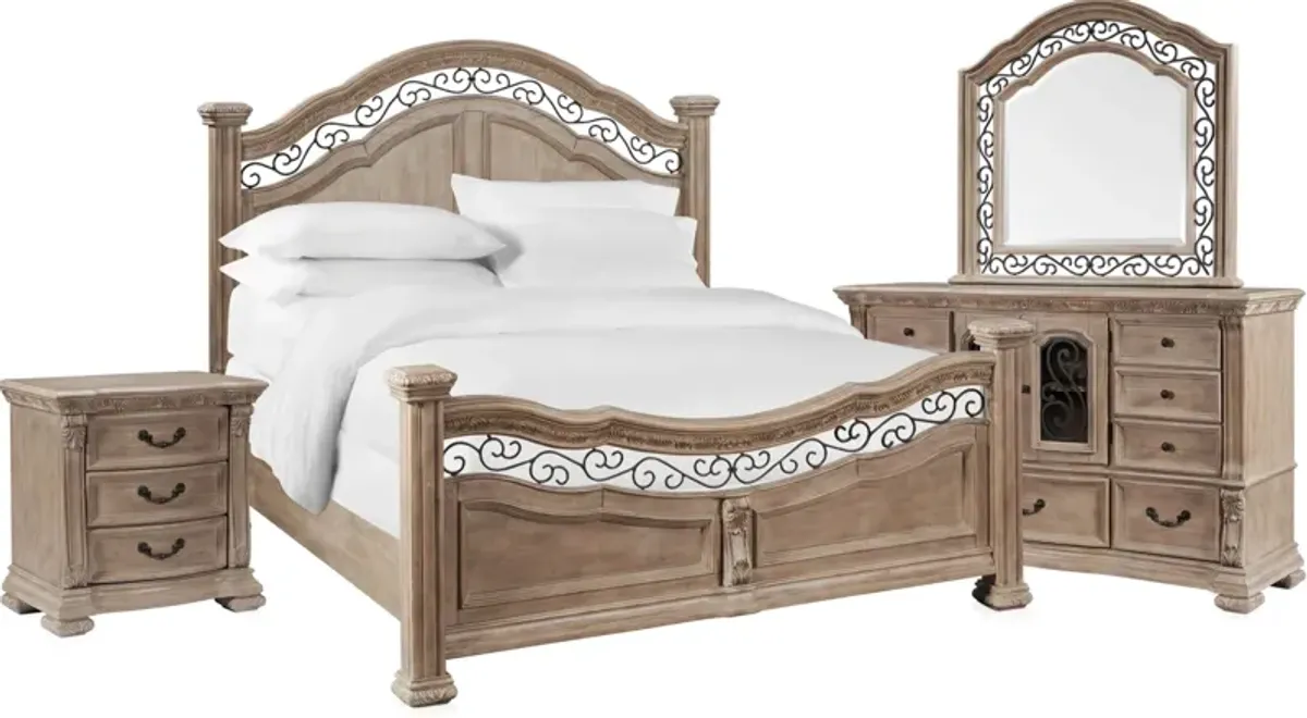 Tuscany 6-Piece Queen Panel Bedroom Set with Nightstand, Dresser and Mirror - Taupe