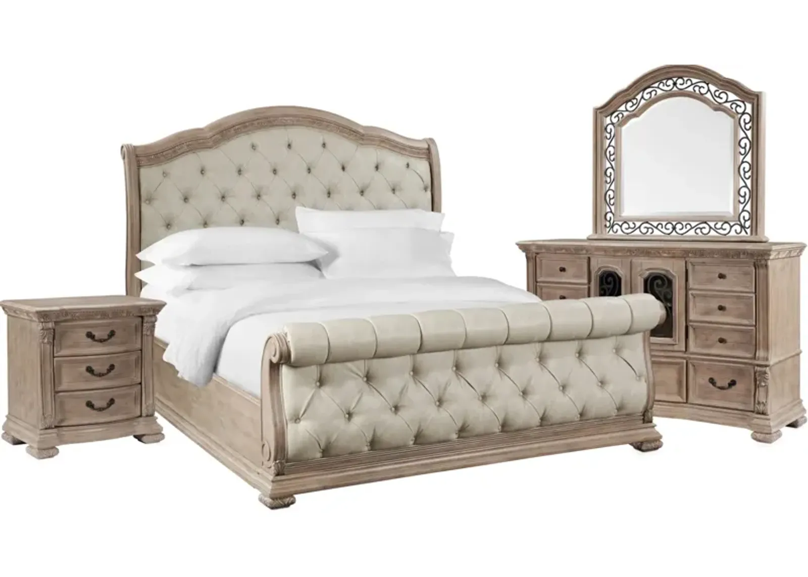 Tuscany 6-Piece King Sleigh Bedroom Set with Nightstand, Dresser and Mirror - Taupe