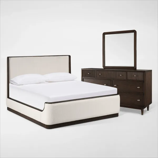 Santa Monica 5-Piece Queen Upholstered Bedroom Set with Dresser and Mirror - Chestnut