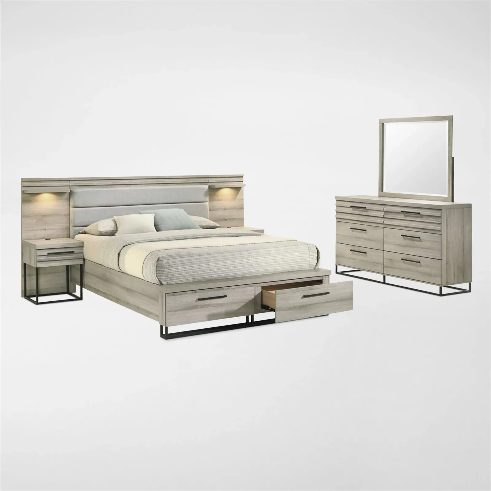 Nolan 9-Piece Storage Bedroom Set with 2 Nightstands, Dresser and Mirror