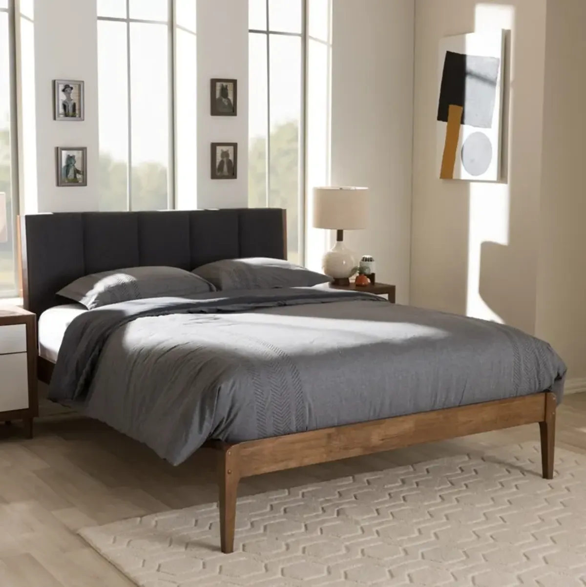 Zarina Queen Upholstered Platform Bed - Gray/Walnut Brown