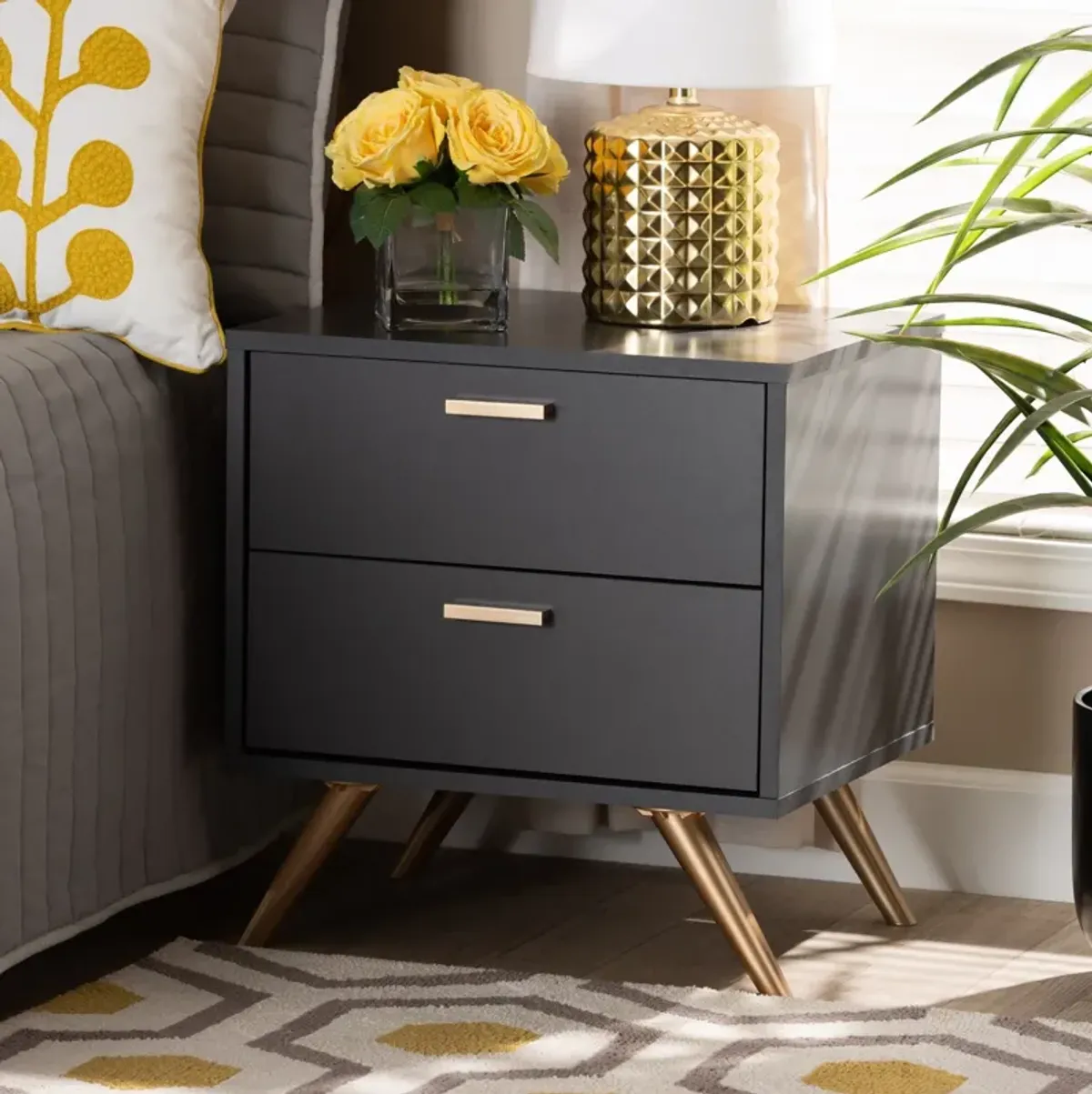 Bellona 2 Drawer Nightstand - Dark Gray/Gold