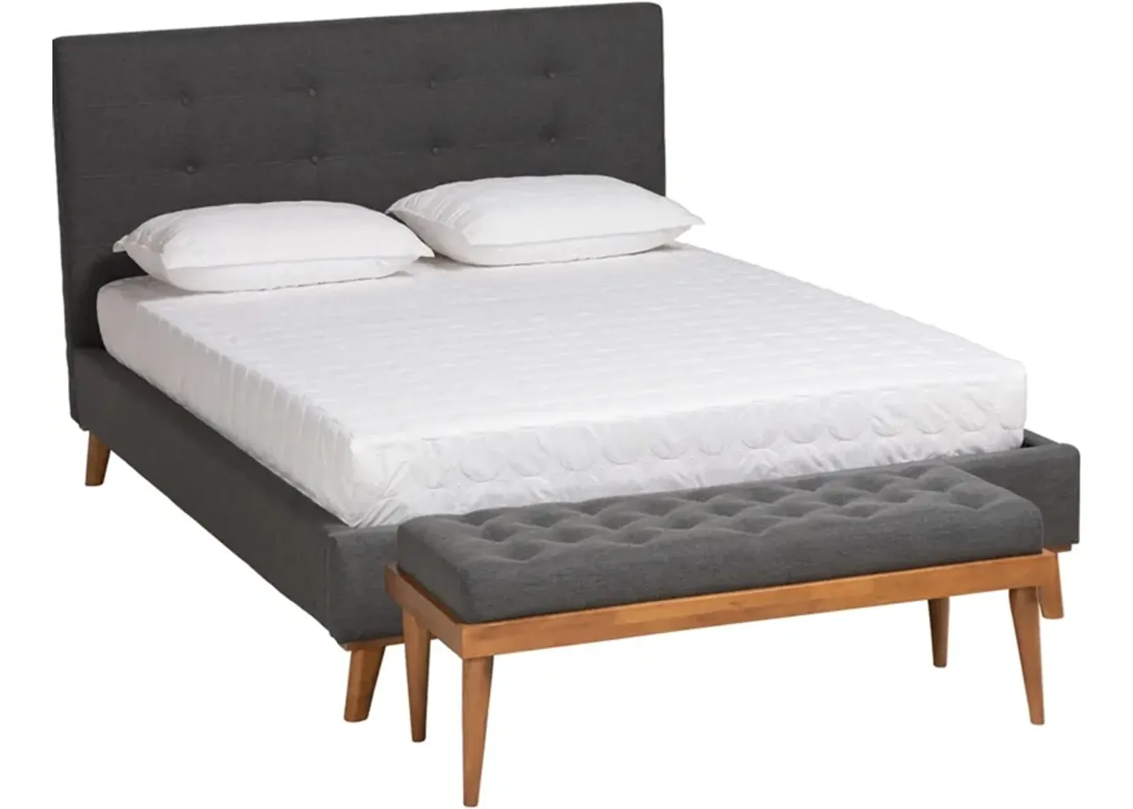 Teyah Full Upholstered Platform Bed and Bench - Dark Gray/Walnut