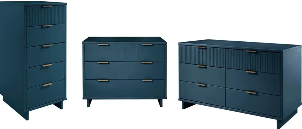 Kenya Dresser, 3 Drawer Dresser and Narrow Chest Set - Midnight Blue