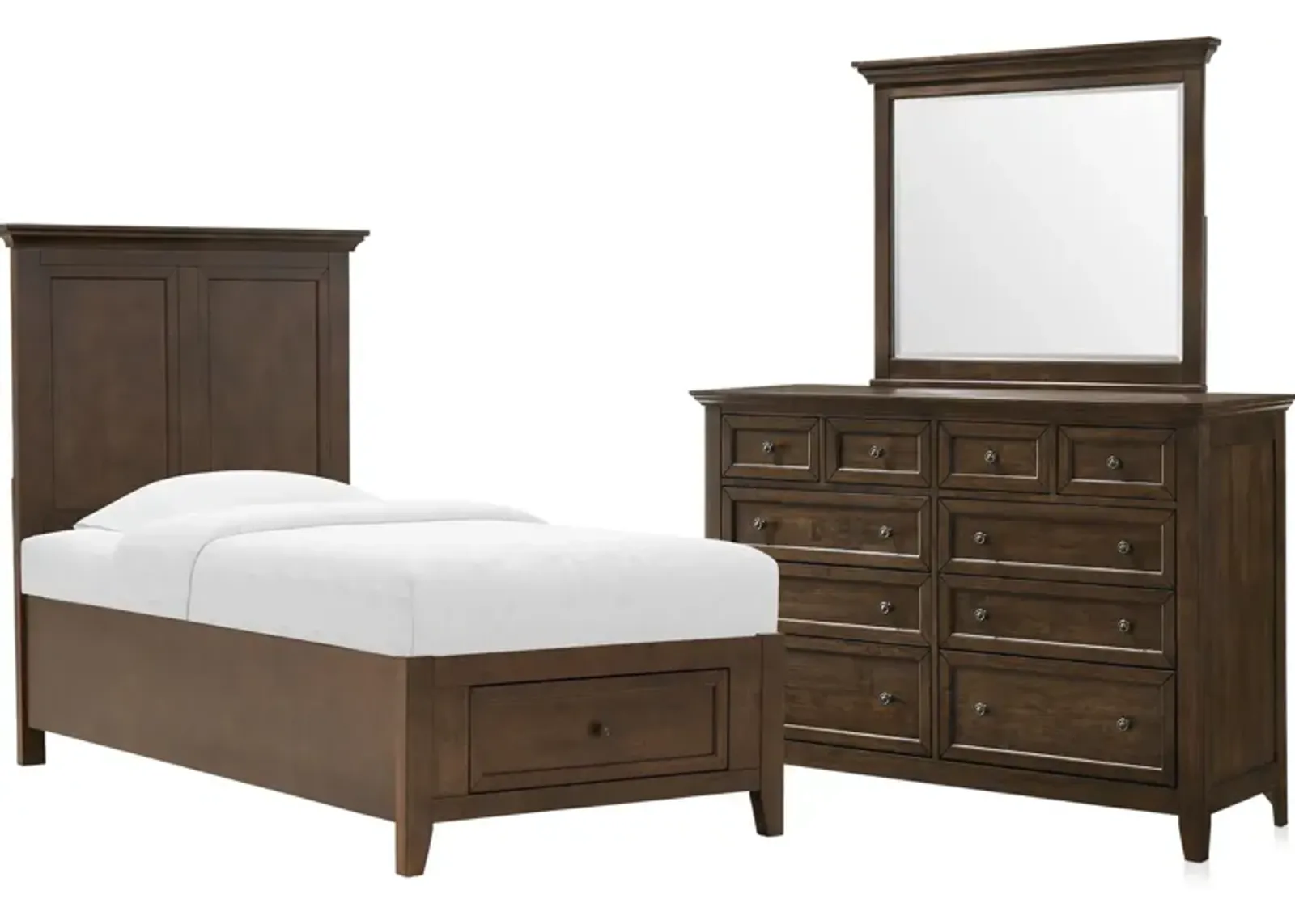 Lincoln 5-Piece Twin Youth Storage Bedroom Set with Dresser and Mirror - Hickory