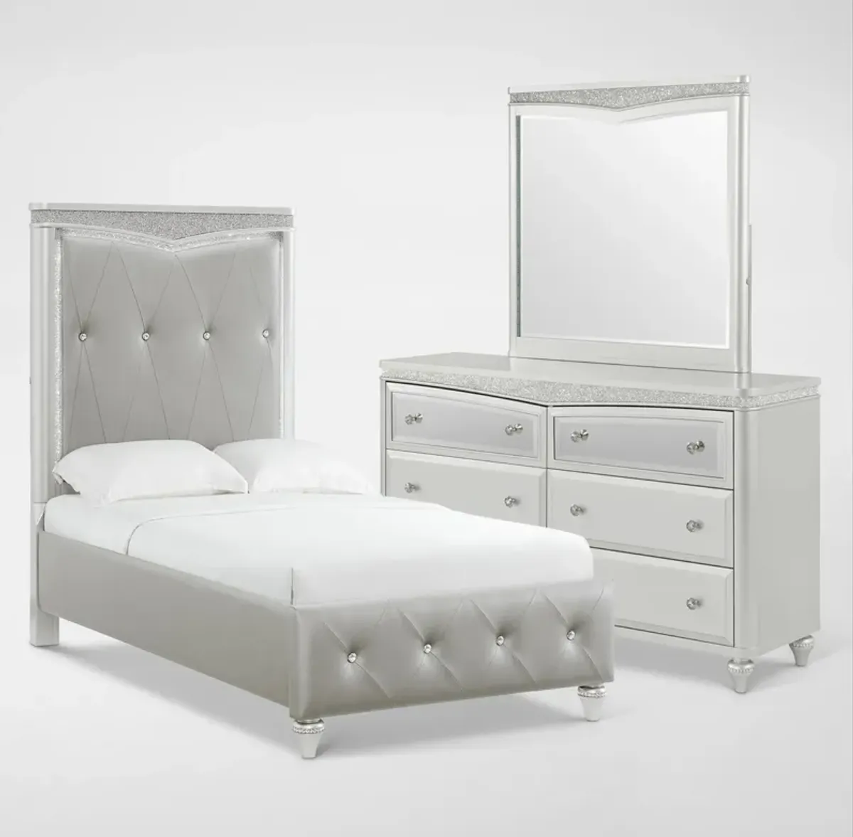 Posh 5-Piece Upholstered Twin Youth Bedroom Set with Dresser and Mirror