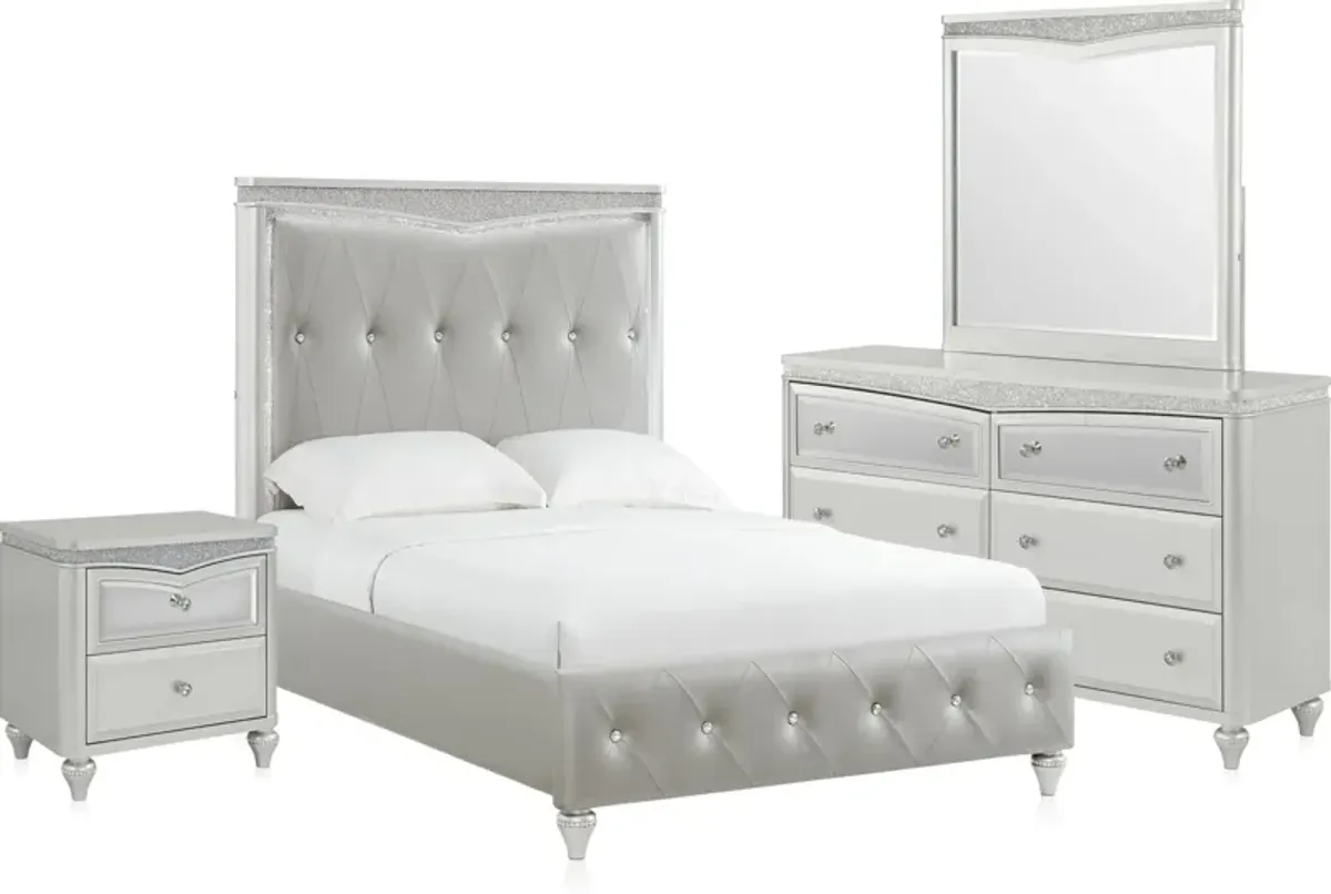 Posh 6-Piece Upholstered Full Youth Bedroom Set with Nightstand, Dresser and Mirror