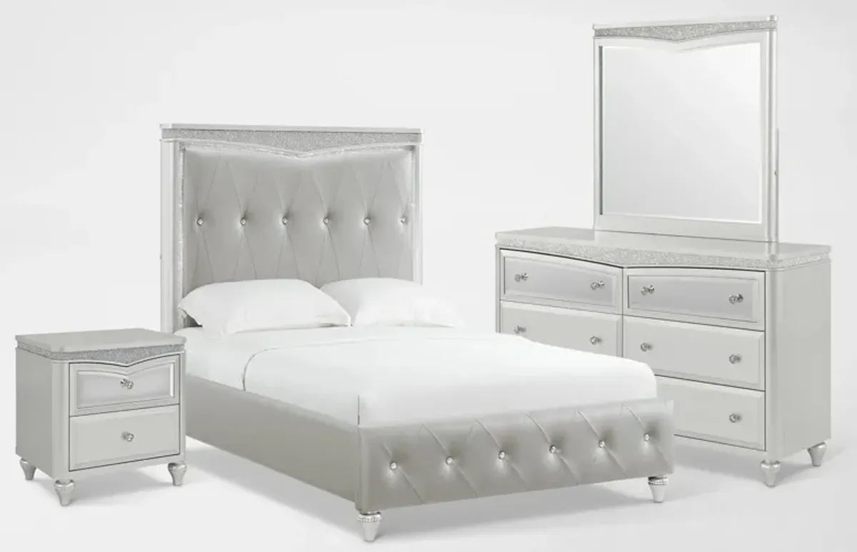 Posh 6-Piece Upholstered Full Youth Bedroom Set with Nightstand, Dresser and Mirror