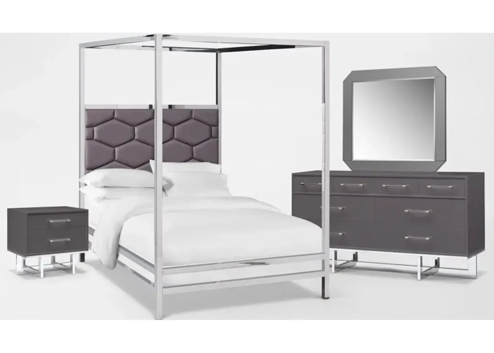 Concerto 6-Piece King Canopy Bedroom Set with Nightstand, Dresser and Mirror - Gray