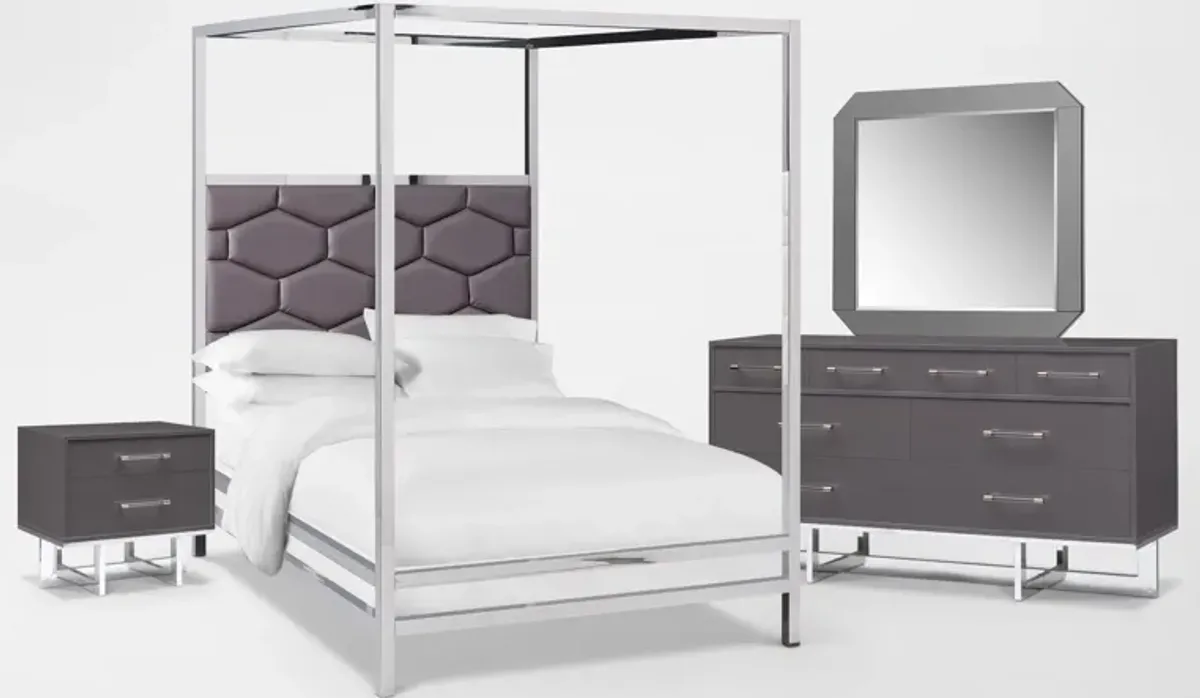 Concerto 6-Piece King Canopy Bedroom Set with Nightstand, Dresser and Mirror - Gray