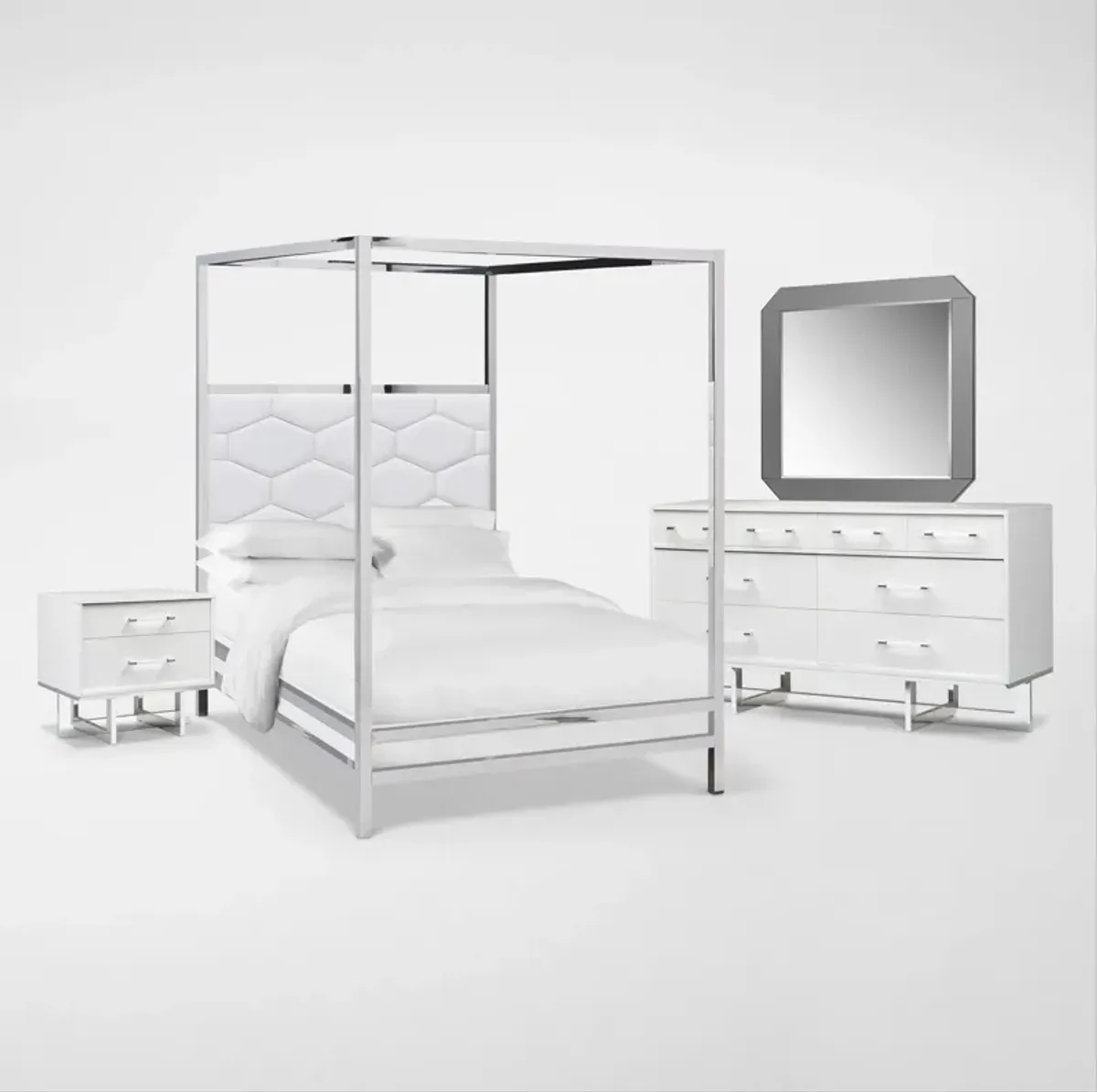 Concerto 6-Piece Queen Canopy Bedroom Set with Nightstand, Dresser and Mirror - White