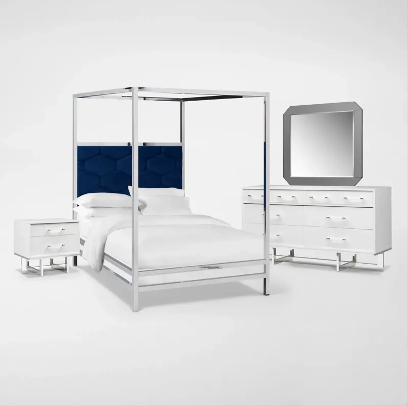 Concerto 6-Piece King Canopy Bedroom Set with Nightstand, Dresser and Mirror - Blue Velvet