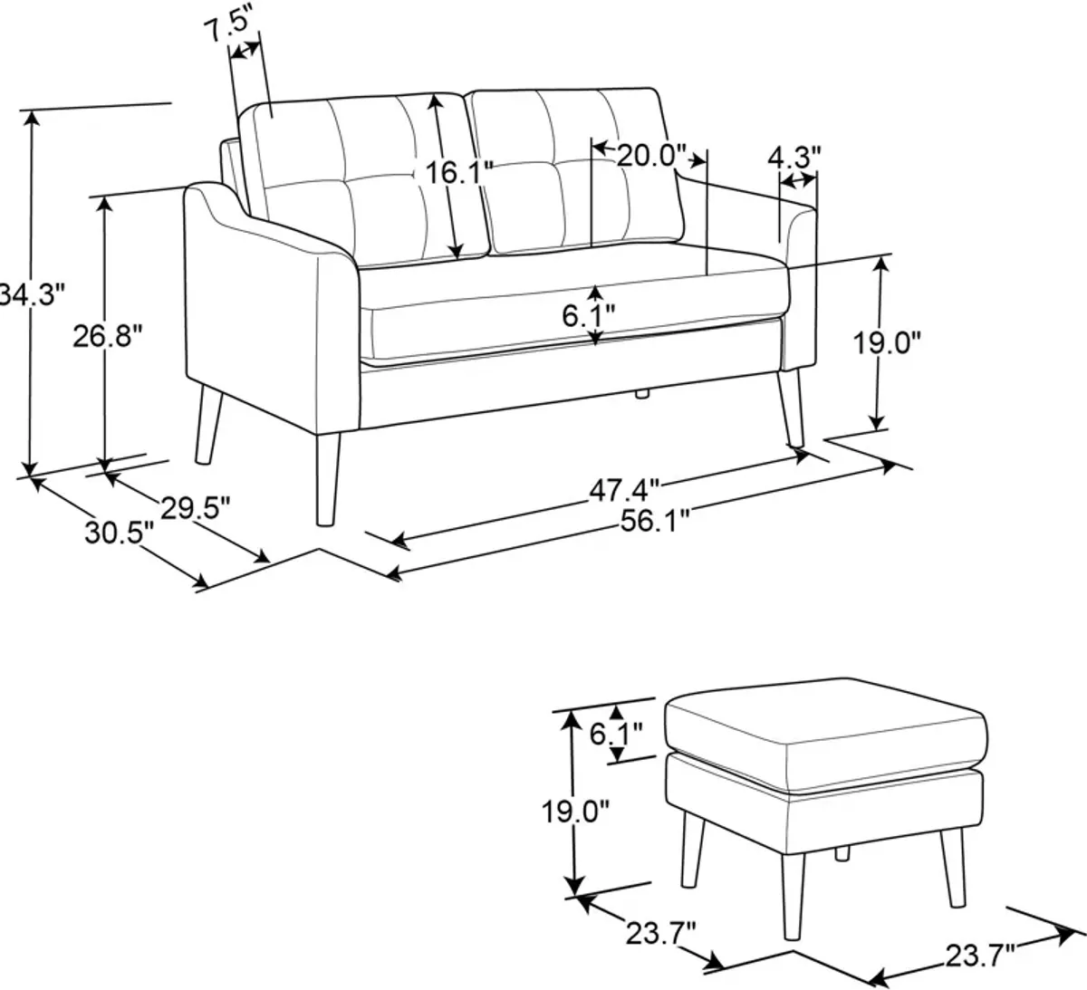 Arliegh Modular Loveseat and Ottoman Set - Dark Gray