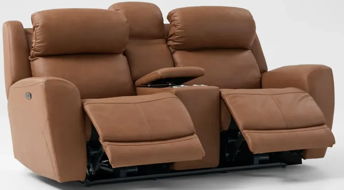 Kenyon Dual-Power Reclining Loveseat with Console - Tan