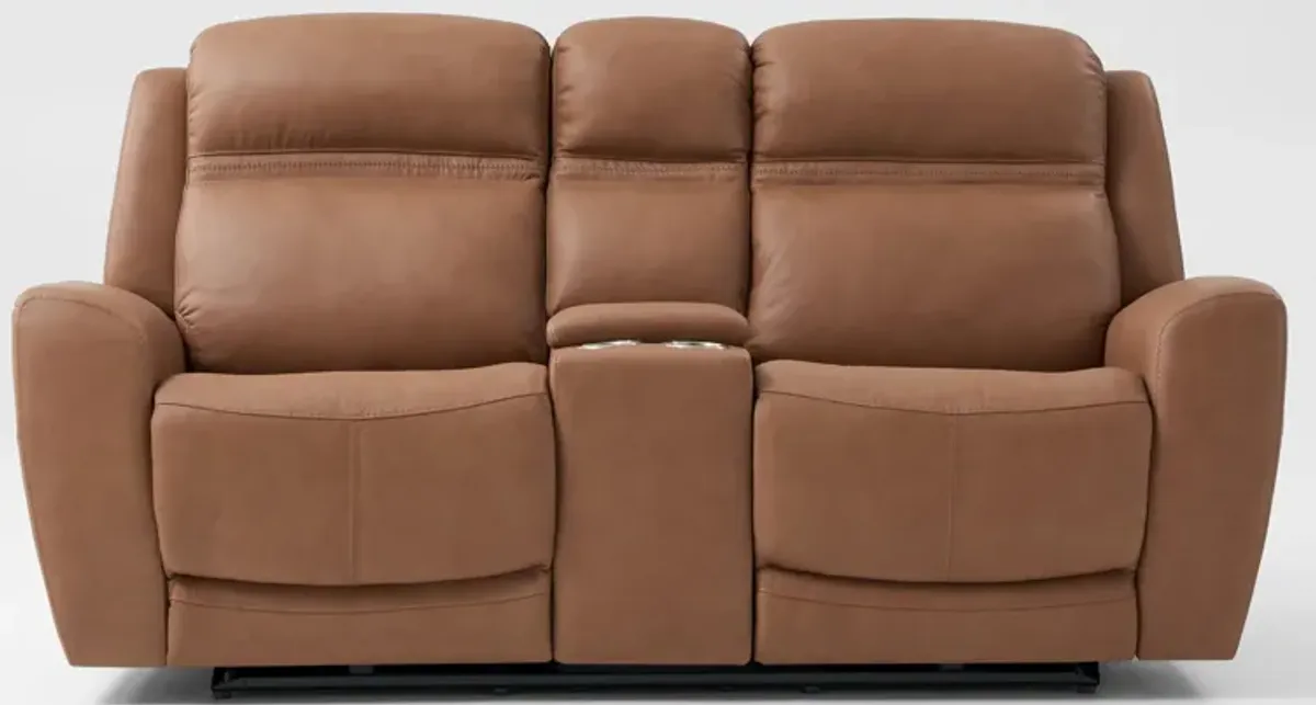 Kenyon Dual-Power Reclining Loveseat with Console - Tan