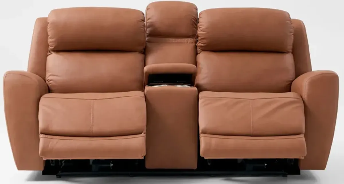 Kenyon Dual-Power Reclining Loveseat with Console - Tan