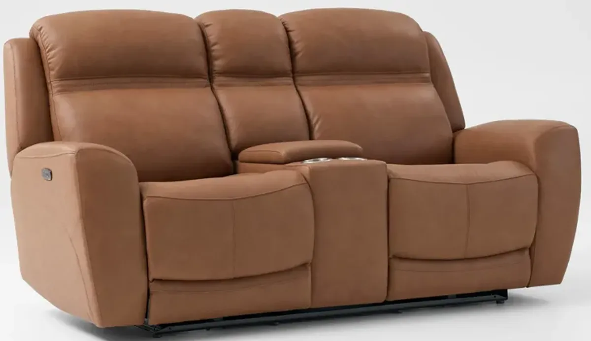 Kenyon Dual-Power Reclining Loveseat with Console - Tan