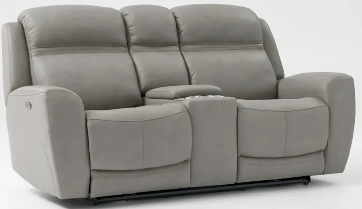 Kenyon Dual-Power Reclining Sofa and Loveseat with Console Set - Light Gray