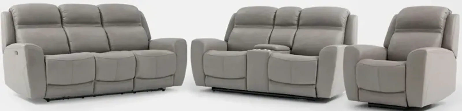 Kenyon Dual-Power Reclining Sofa, Loveseat with Console and Recliner Set - Light Gray