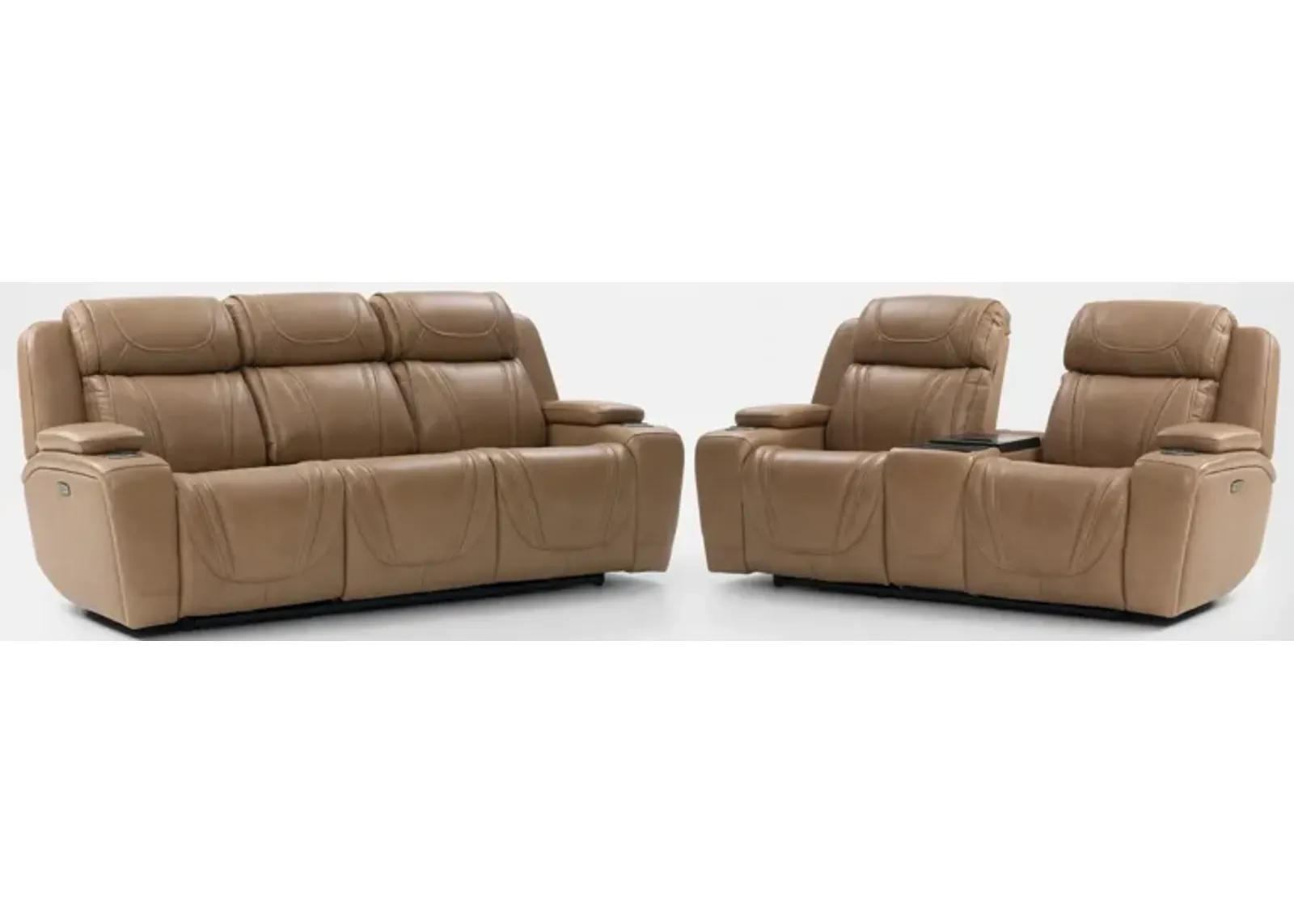 Forte Dual-Power Reclining Sofa and Loveseat with Cooling Console - Sand