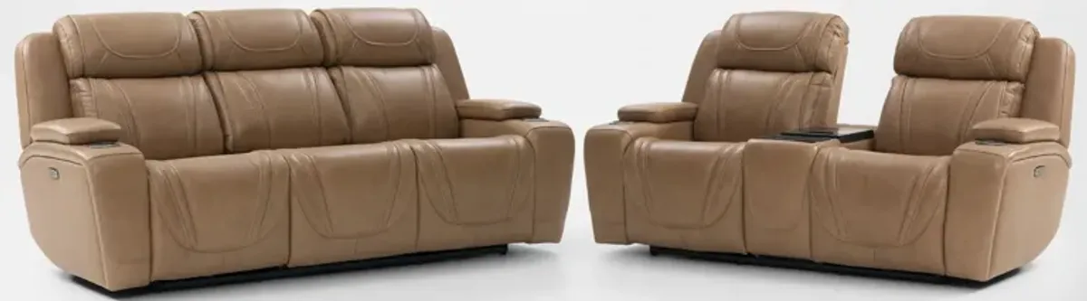 Forte Dual-Power Reclining Sofa and Loveseat with Cooling Console - Sand