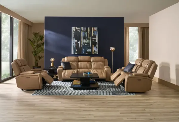 Forte Dual-Power Reclining Sofa, Loveseat with Cooling Console, and Recliner - Sand