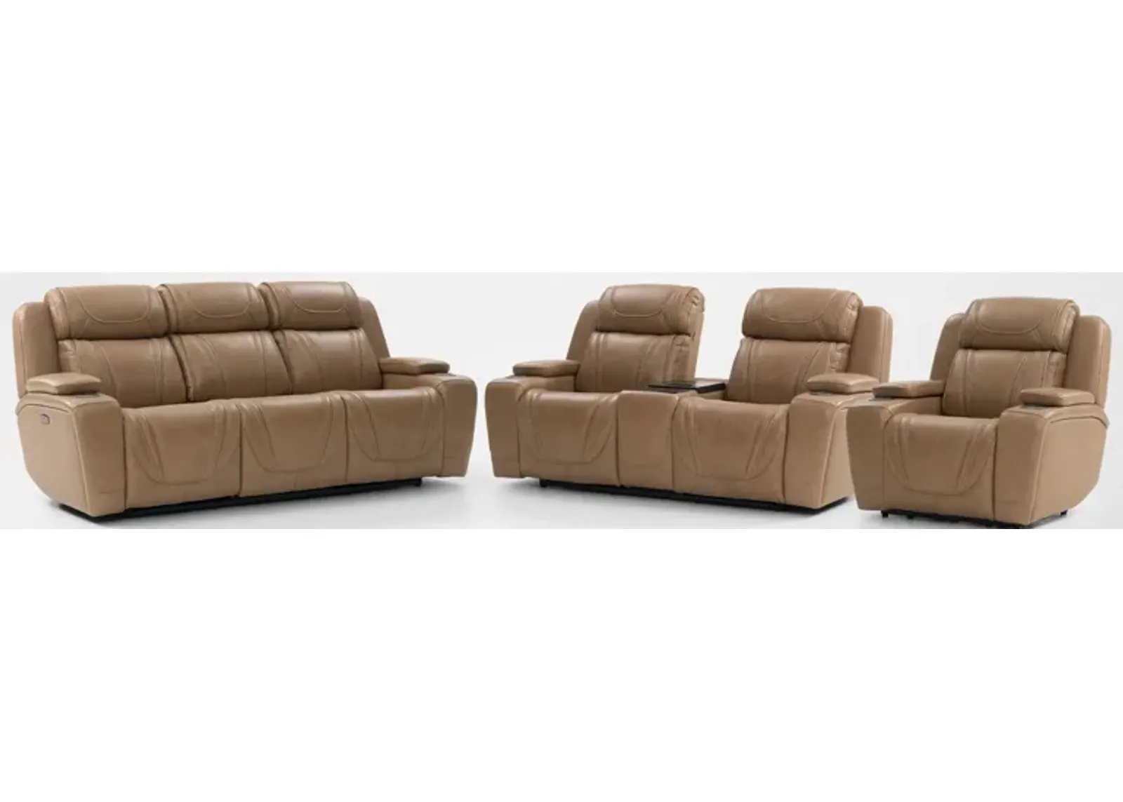 Forte Dual-Power Reclining Sofa, Loveseat with Cooling Console, and Recliner - Sand