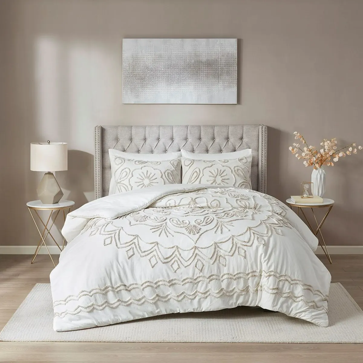 Kimbra Full/Queen Comforter Set - White/Taupe