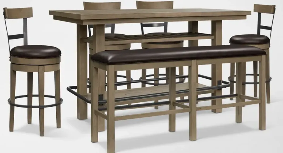 Deacon Bar Height Dining Table, 4 Swivel Stools, and Bench