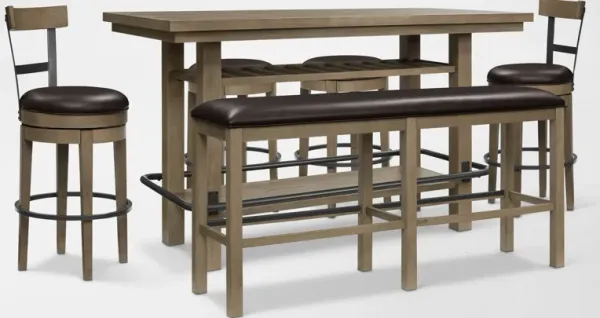 Deacon Bar Height Dining Table, 2 Swivel Stools, 2 Backless Swivel Stools, and Bench