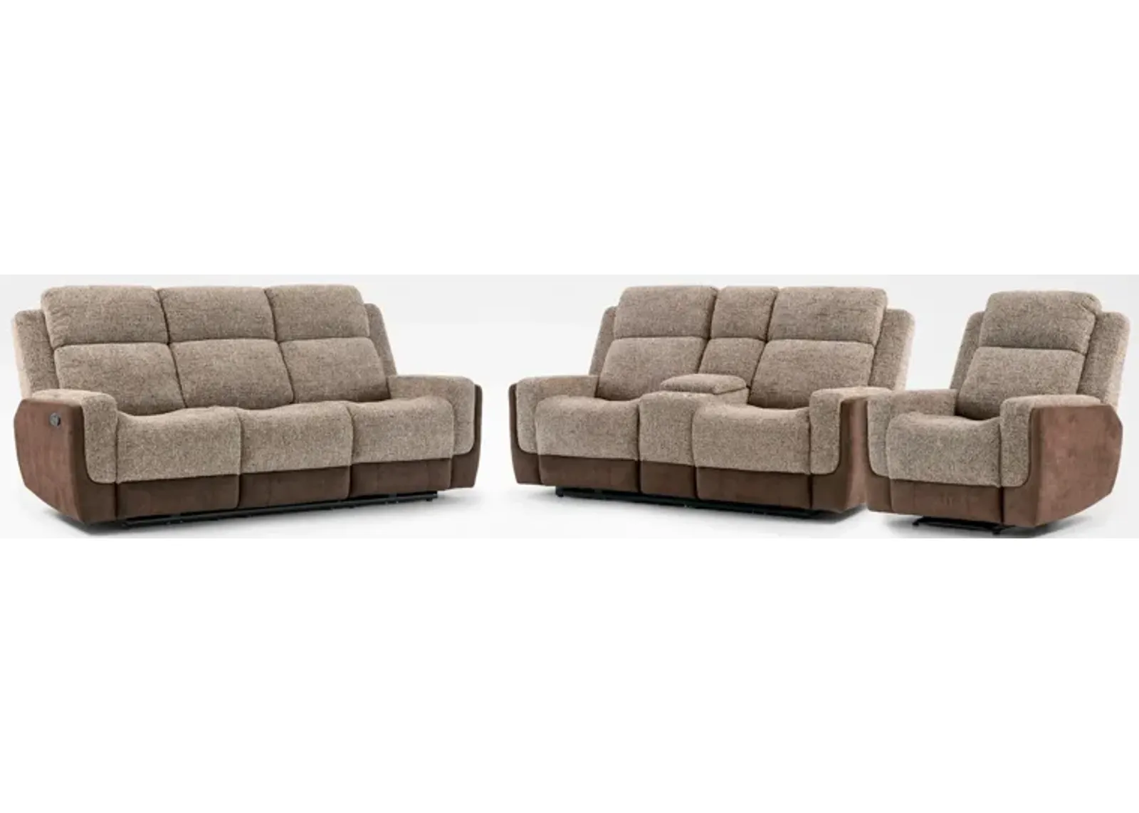 Desmond Manual Reclining Sofa, Loveseat with Console and Recliner Set