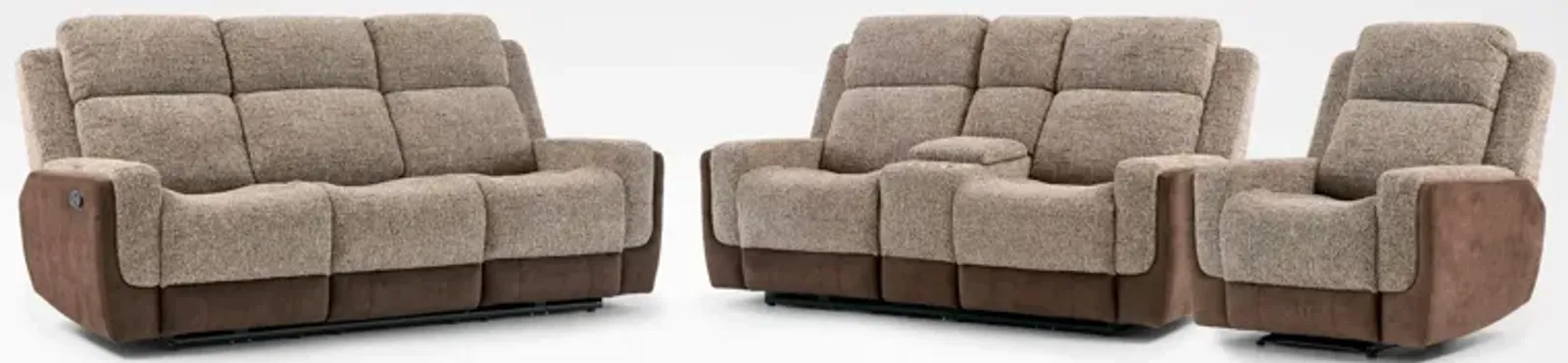 Desmond Manual Reclining Sofa, Loveseat with Console and Recliner Set